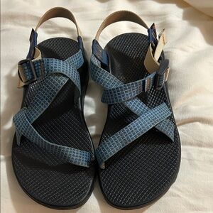Chaco Black and Blue Sandals with Beige Straps